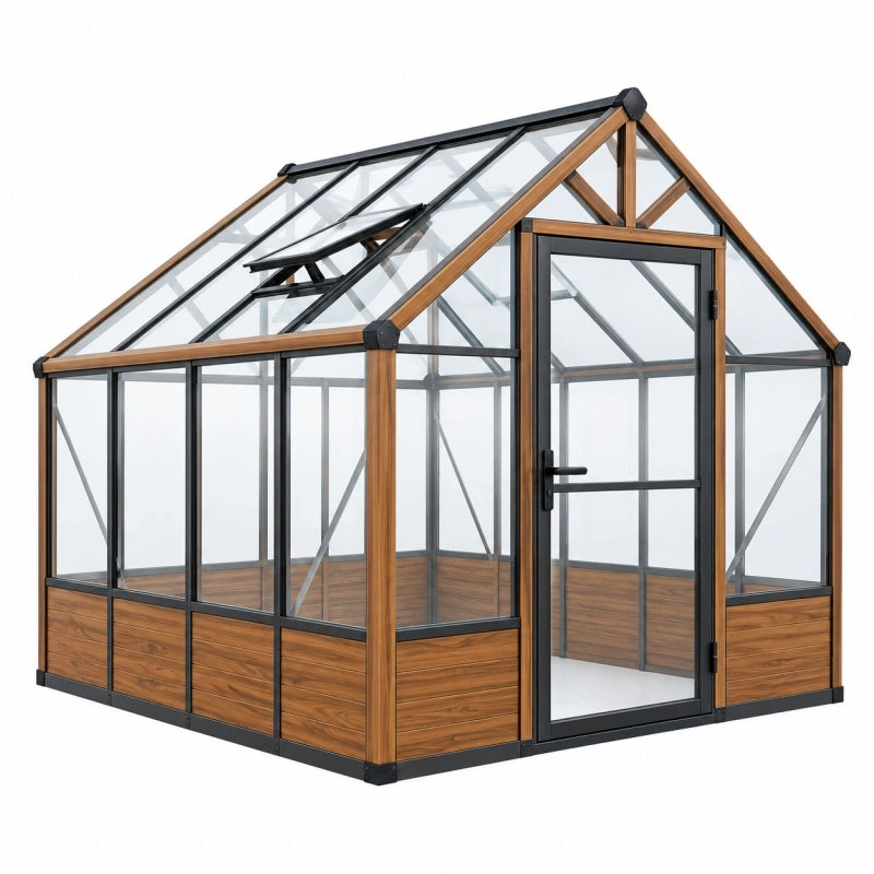 Gewächshaus 240 x 190 x 230 cm Aluminium Holzoptik transparent mit Tür und Dachfenster