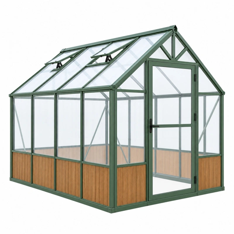 Gewächshaus 190 x 130 x 200 cm Aluminium Grün mit transparenten Kunststoffplatten und Dachfenstern