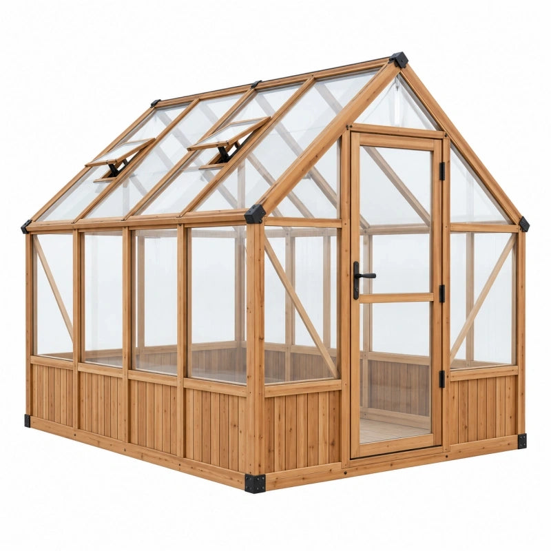 Gewächshaus 200 x 200 x 250 cm aus Holz braun mit transparenten Paneelen und Dachfenstern