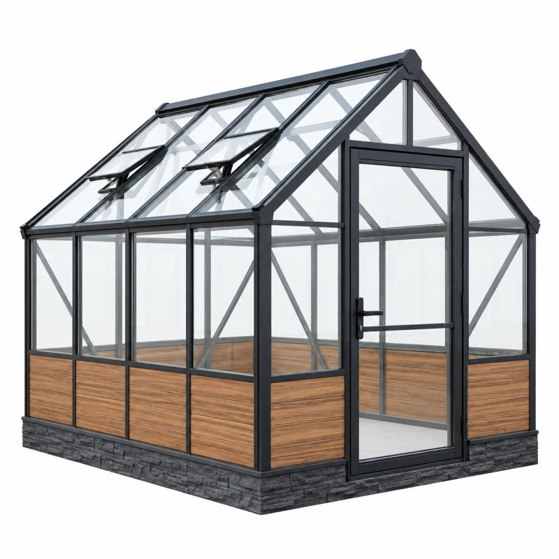 Gewächshaus 240 cm x 190 cm x 195 cm aus Metall Transparent Schwarz Braun mit Dachfenstern
