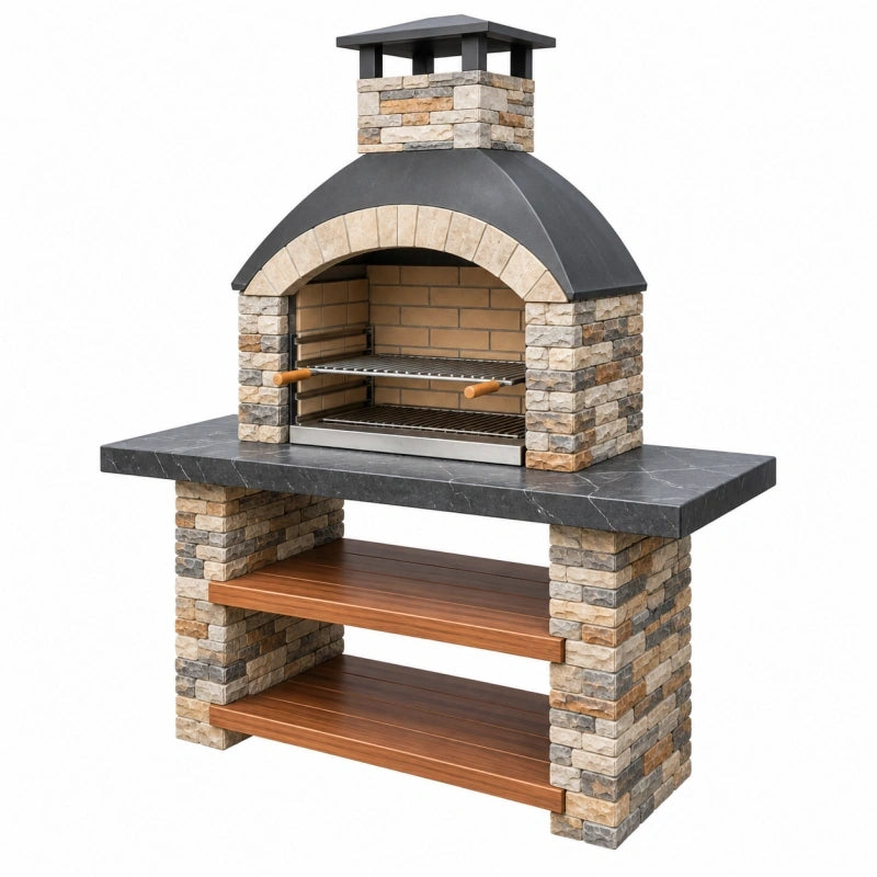 Gemauerter Gartengrill 120 x 70 x 200 cm Stein Metall Grau Beige mit Grillrost und Ablage