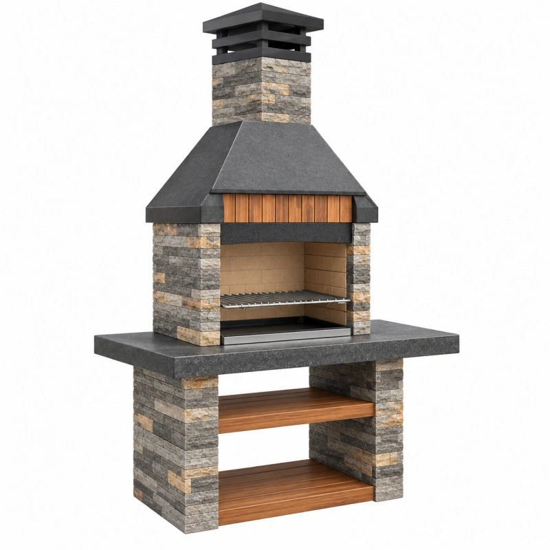 Grillkamin 150 x 70 x 230 cm aus Stein Grau Braun mit Grillrost und Kaminhaube