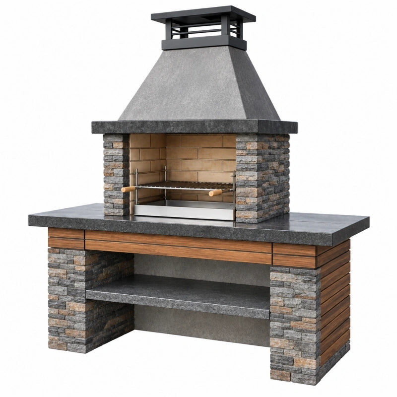 Grillkamin 180 x 80 x 230 cm aus Stein und Beton in Grau Braun mit Grillrost für den Außenbereich