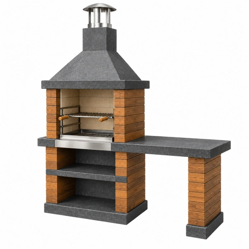 Grillkamin 180 x 70 x 210 cm aus Beton und Edelstahl grau braun mit Arbeitsfläche