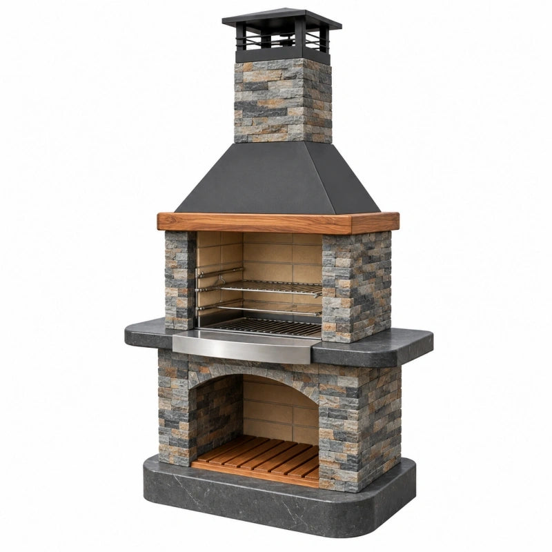 Grillkamin 125 x 75 x 210 cm mit Steinverkleidung Grau Schwarz für den Außenbereich