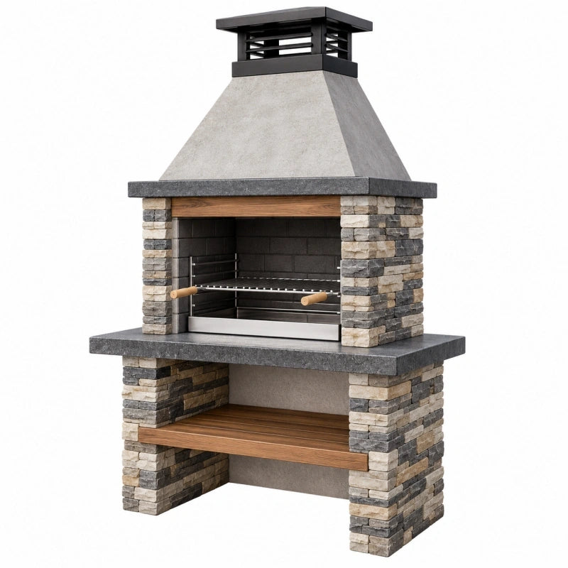 Gartengrill 120 x 70 x 220 cm aus Stein Beton Edelstahl Grau Braun mit Kamin