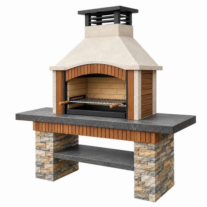 Grillkamin 180 x 80 x 220 cm aus Naturstein Holz und Stahl für den Außenbereich