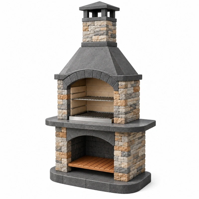 Grillkamin 120 x 70 x 220 cm aus Stein Grau Beige mit Grillrost für den Garten