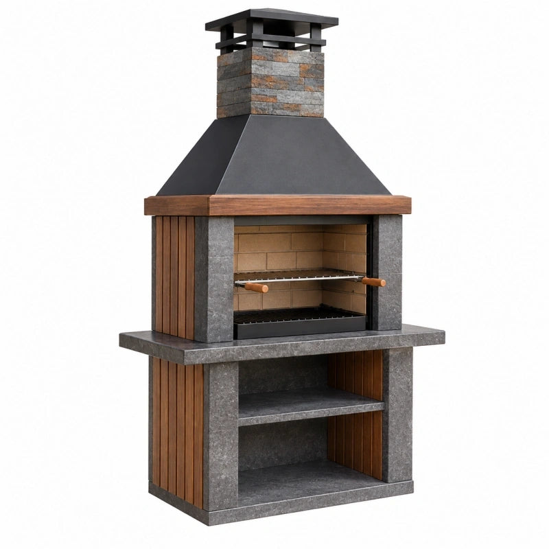 Grillkamin 120 x 75 x 220 cm aus Stein und Metall grau braun mit Grillrost im rustikalen Stil