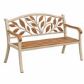 Gartenbank 122 cm aus Metall und Holz in Beige Braun mit Blattmotiv für den Außenbereich
