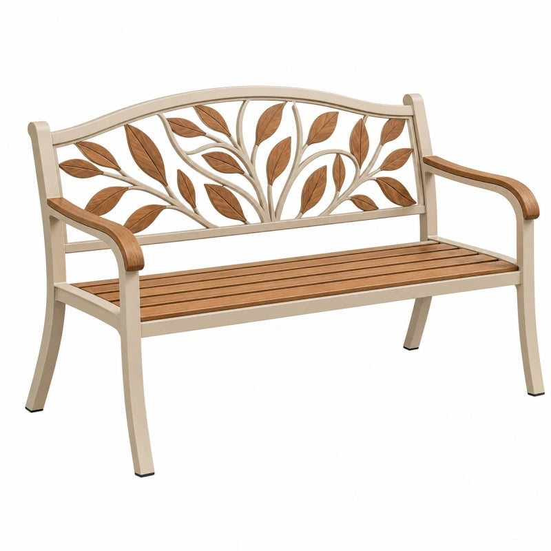 Gartenbank 122 cm aus Metall und Holz in Beige Braun mit Blattmotiv für den Außenbereich