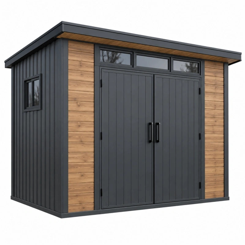 Gartenhaus 240 x 180 x 210 cm aus Stahlblech in Anthrazit und Holzoptik mit Doppeltür