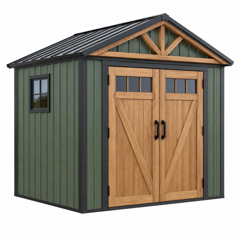 Gartenhaus 240 x 180 x 220 cm Metall und Holz Grün - Geräteschuppen mit Doppeltür