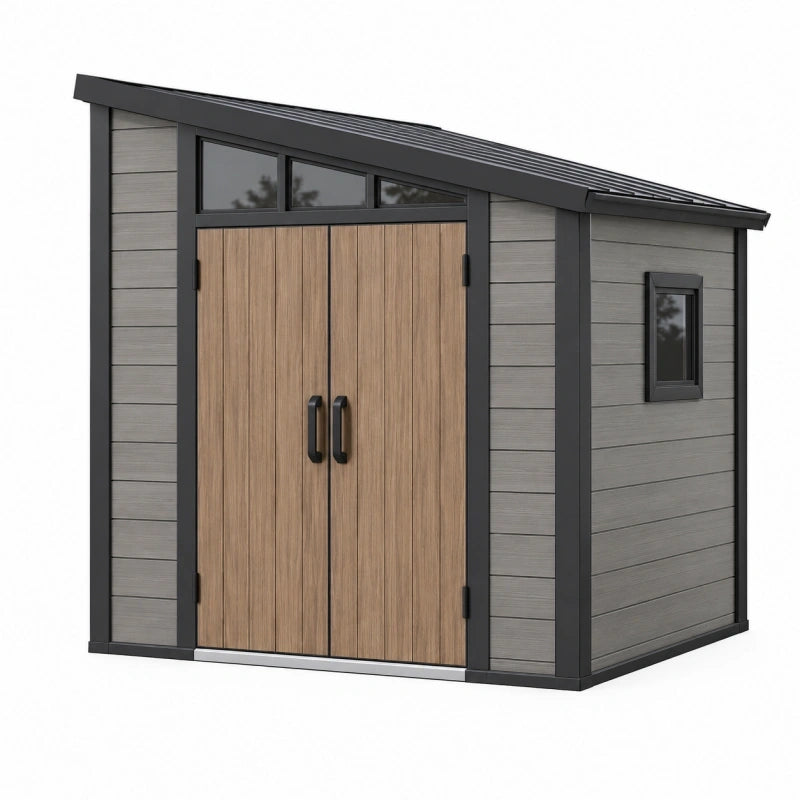 Gartenhaus 200 x 150 x 200 cm aus Kunststoff in Anthrazit Grau Holzbraun mit Doppeltür und Fenstern