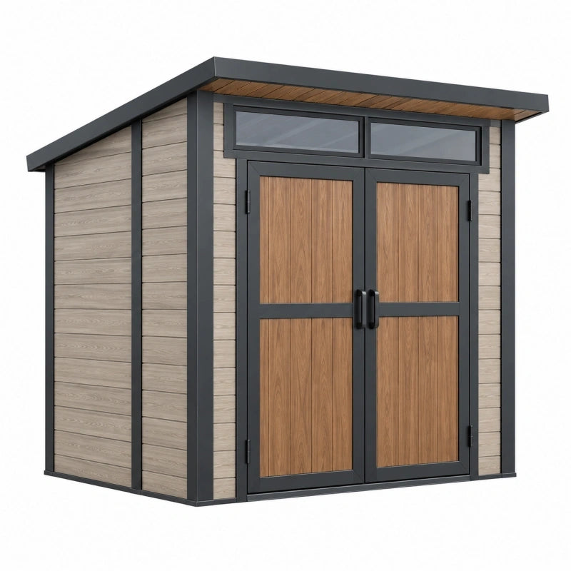 Gartenhaus 200 x 150 x 200 cm mit Metallrahmen Holzoptik Grau Braun Doppeltür